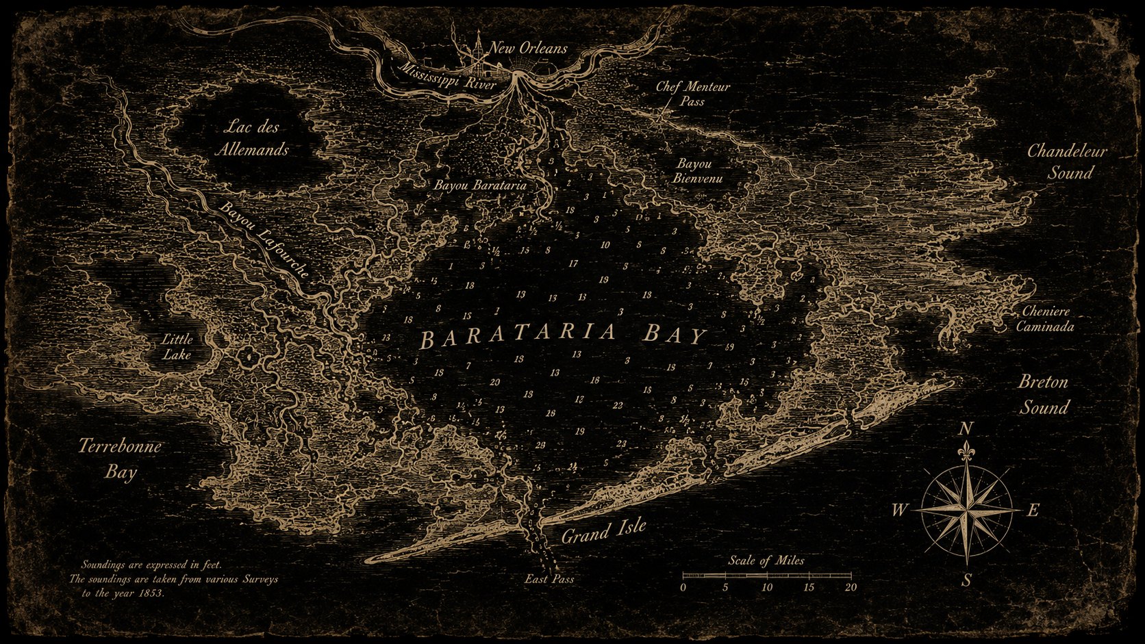 Engraved chart of Barataria Bay and the bayous running north toward New Orleans.