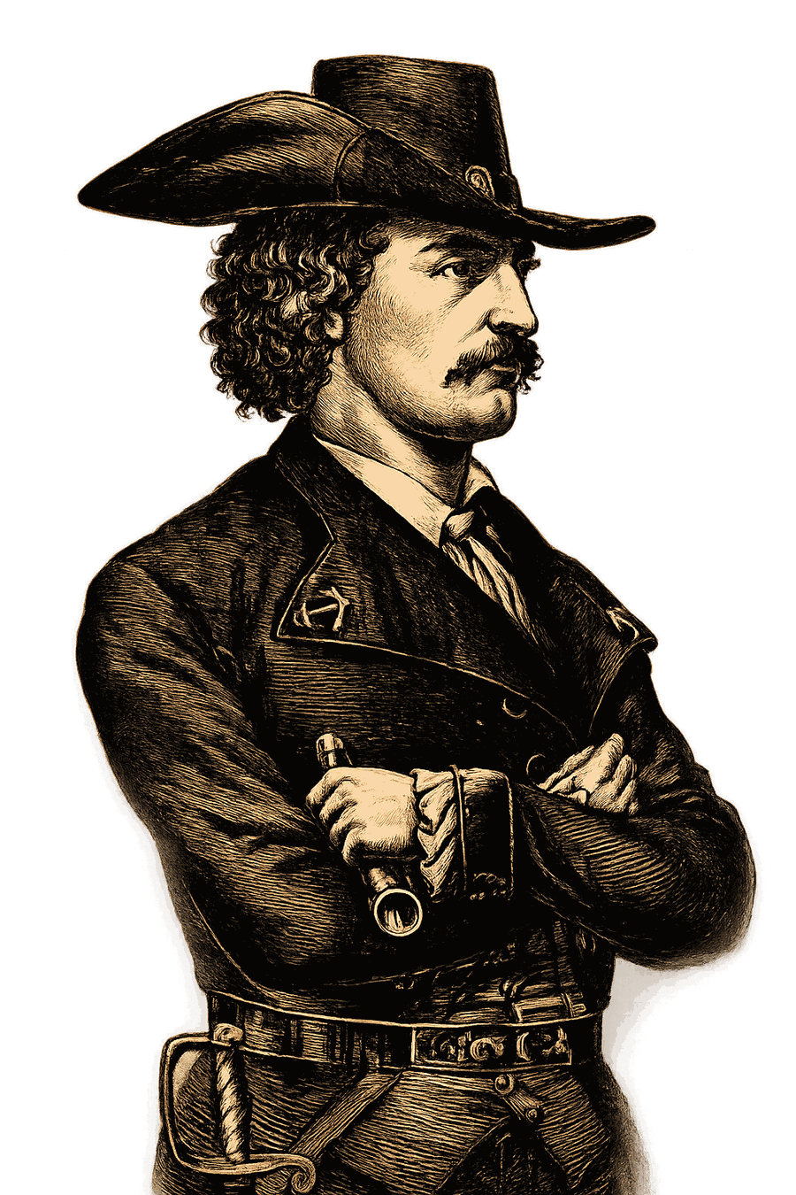 Engraved portrait of a man in a broad hat with folded arms, traditionally said to depict Jean Lafitte.